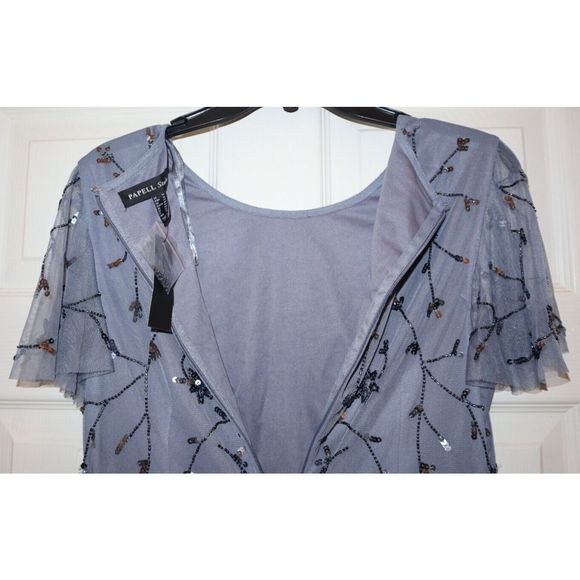 Papell Studio Women's Sz 10 Dusty Blue Flutter-Sleeve Embellished Long Gown $179 - Picture 9 of 11